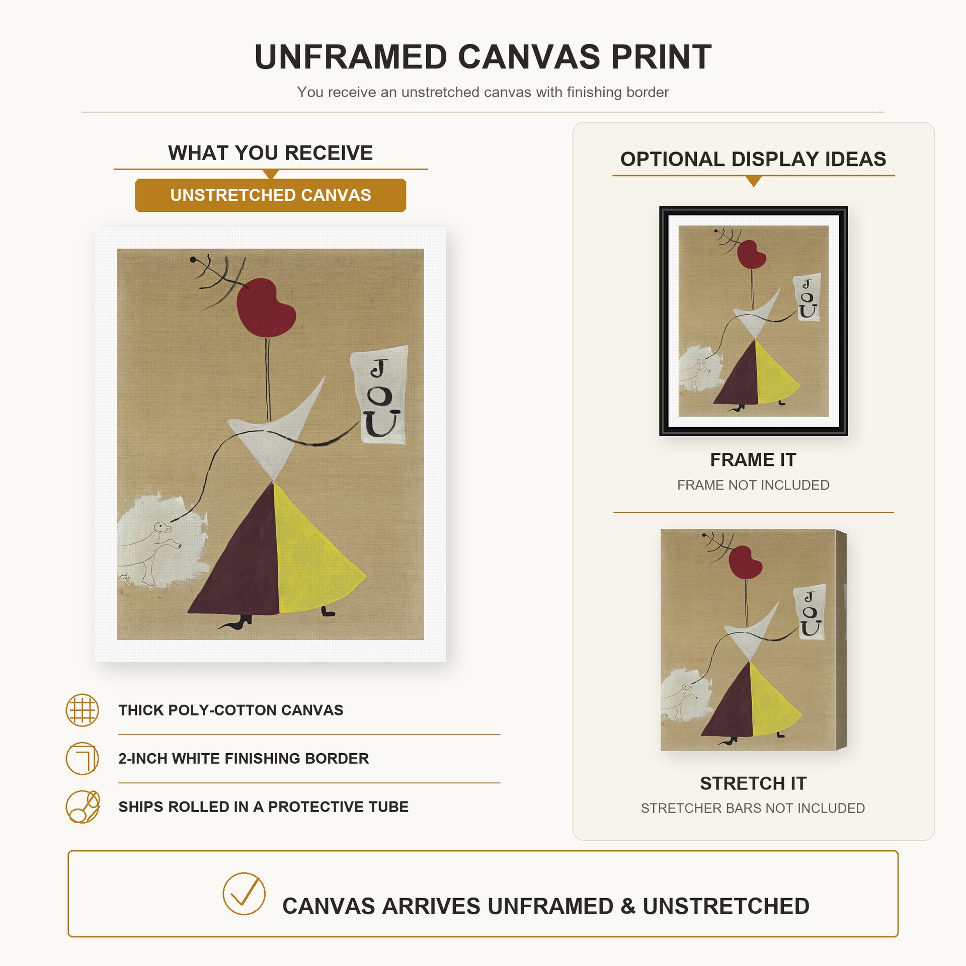 Joan Miró - Woman, Diary, Dog canvas print size comparison and framing display infographic