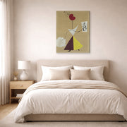 Gallery-wrapped canvas print of Joan Miró's 'Woman, Diary, Dog' displayed on a wall in a bedroom