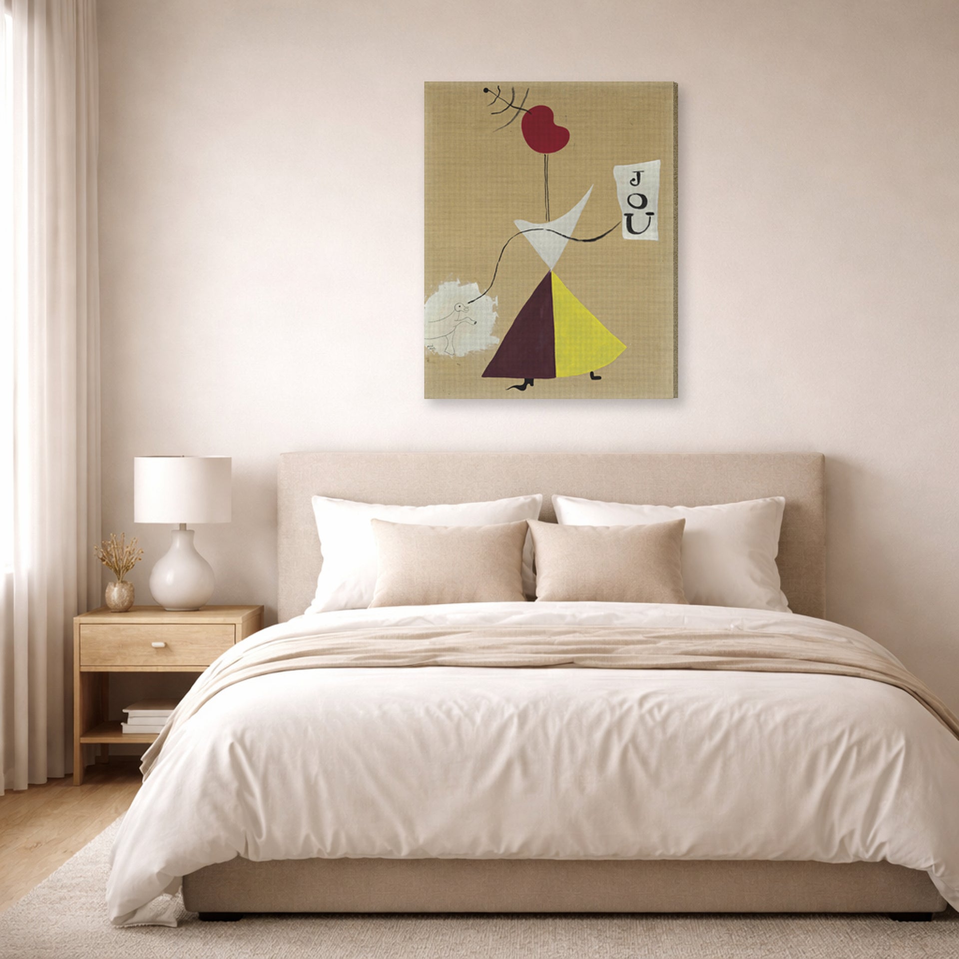 Gallery-wrapped canvas print of Joan Miró's 'Woman, Diary, Dog' displayed on a wall in a bedroom