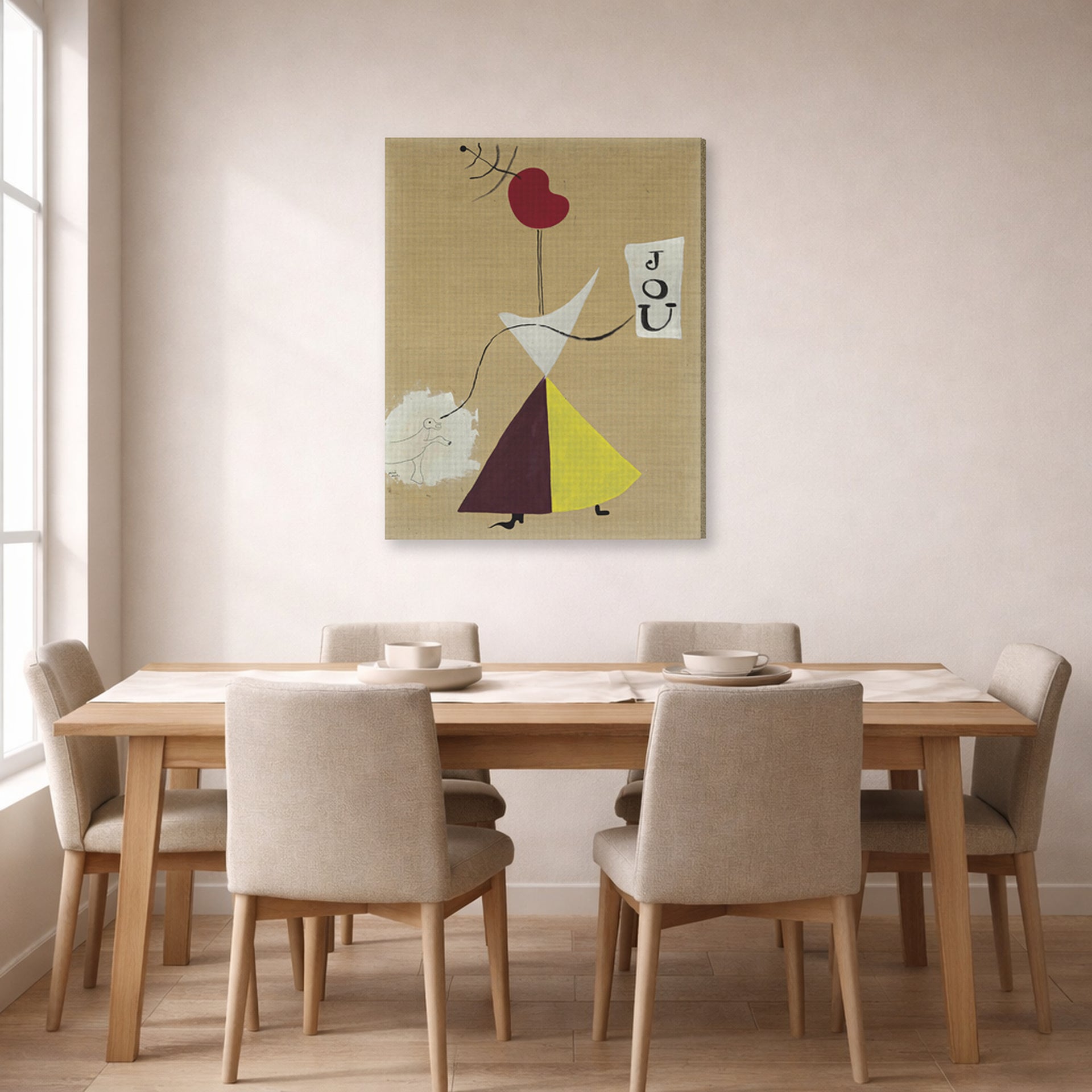 Gallery-wrapped canvas print of Joan Miró's 'Woman, Diary, Dog' displayed on a wall in a dining room