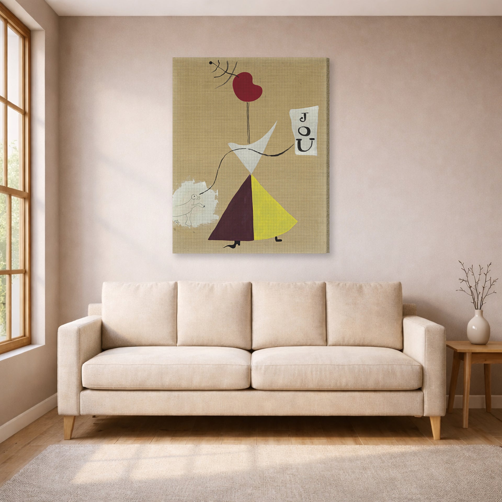 Gallery-wrapped canvas print of Joan Miró's 'Woman, Diary, Dog' displayed on a wall in a living room