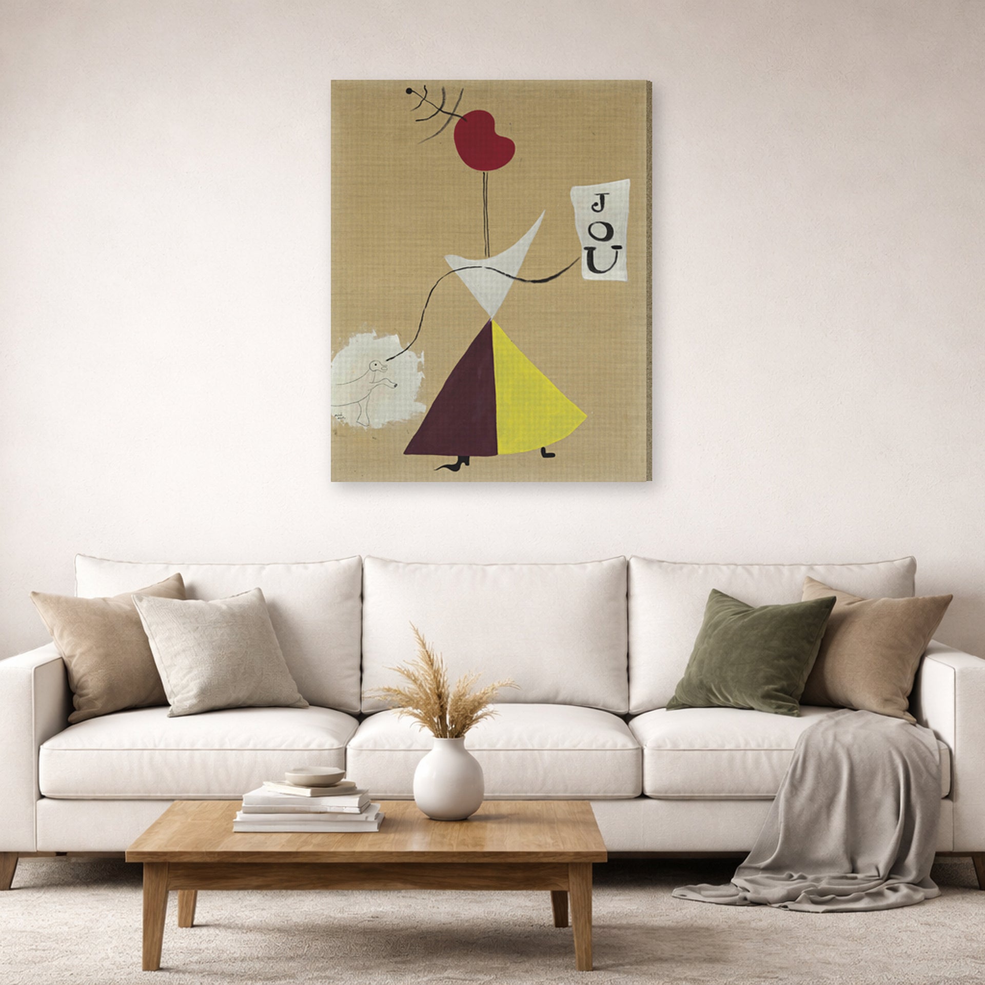 Gallery-wrapped canvas print of Joan Miró's 'Woman, Diary, Dog' displayed on a wall in a living room