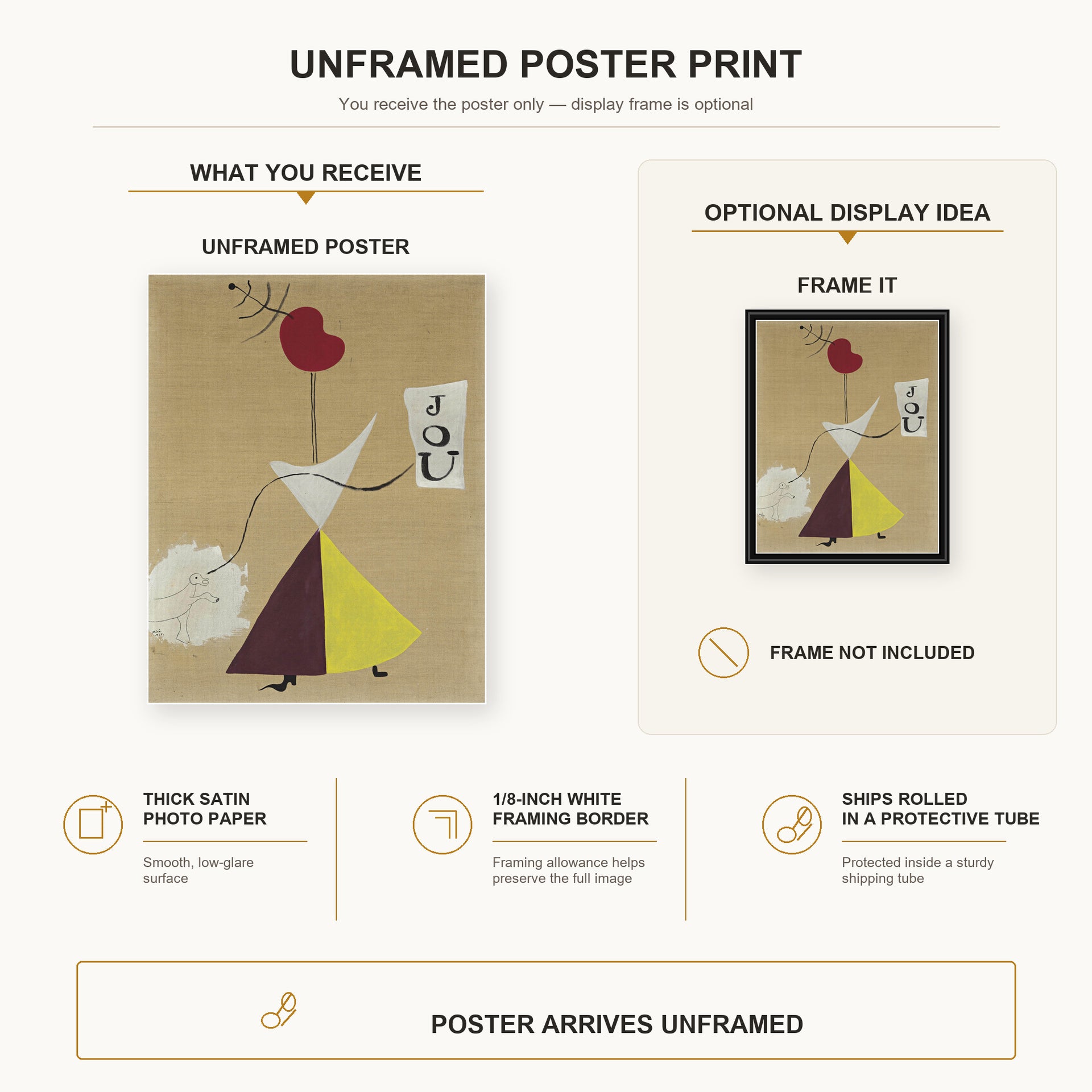 Joan Miró - Woman, Diary, Dog poster print size comparison and framing display infographic