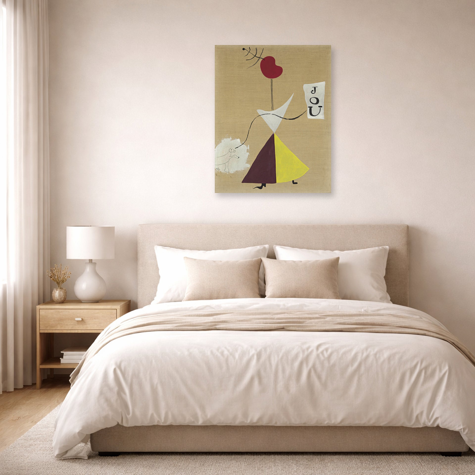 Unframed poster print of Joan Miró's 'Woman, Diary, Dog' displayed on a wall in a bedroom