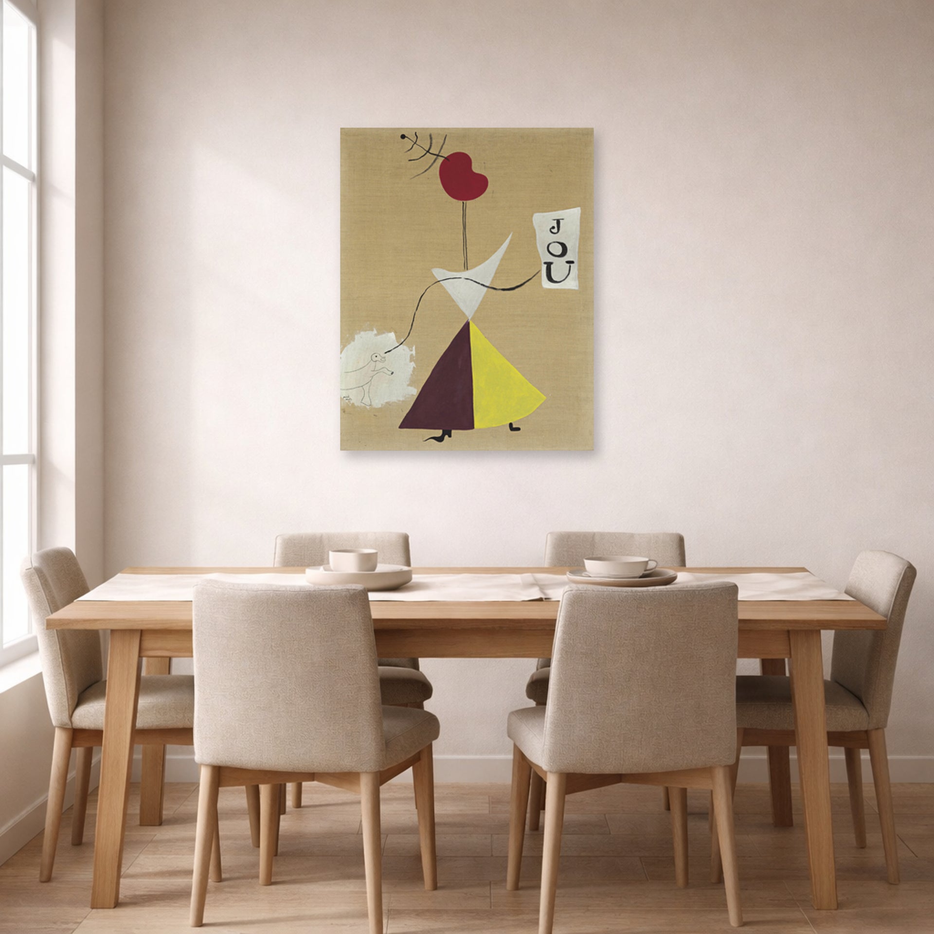 Unframed poster print of Joan Miró's 'Woman, Diary, Dog' displayed on a wall in a dining room