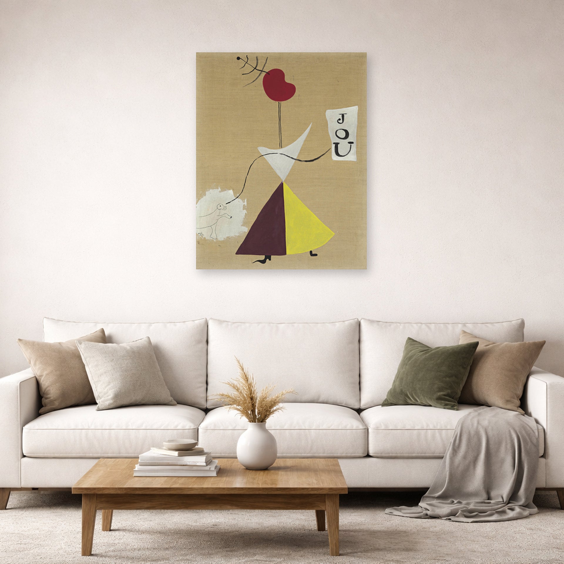 Unframed poster print of Joan Miró's 'Woman, Diary, Dog' displayed on a wall in a living room