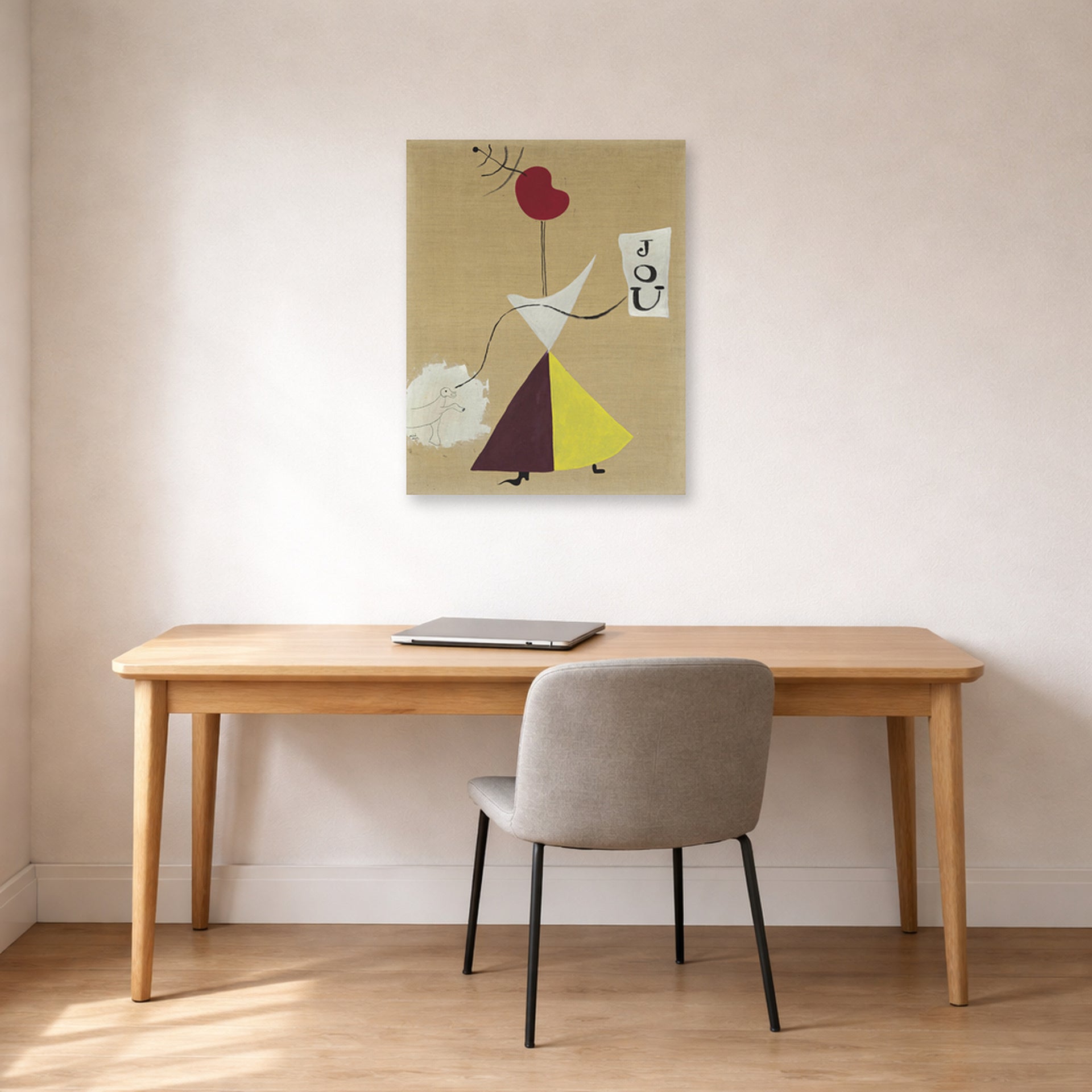 Unframed poster print of Joan Miró's 'Woman, Diary, Dog' displayed on a wall in a office
