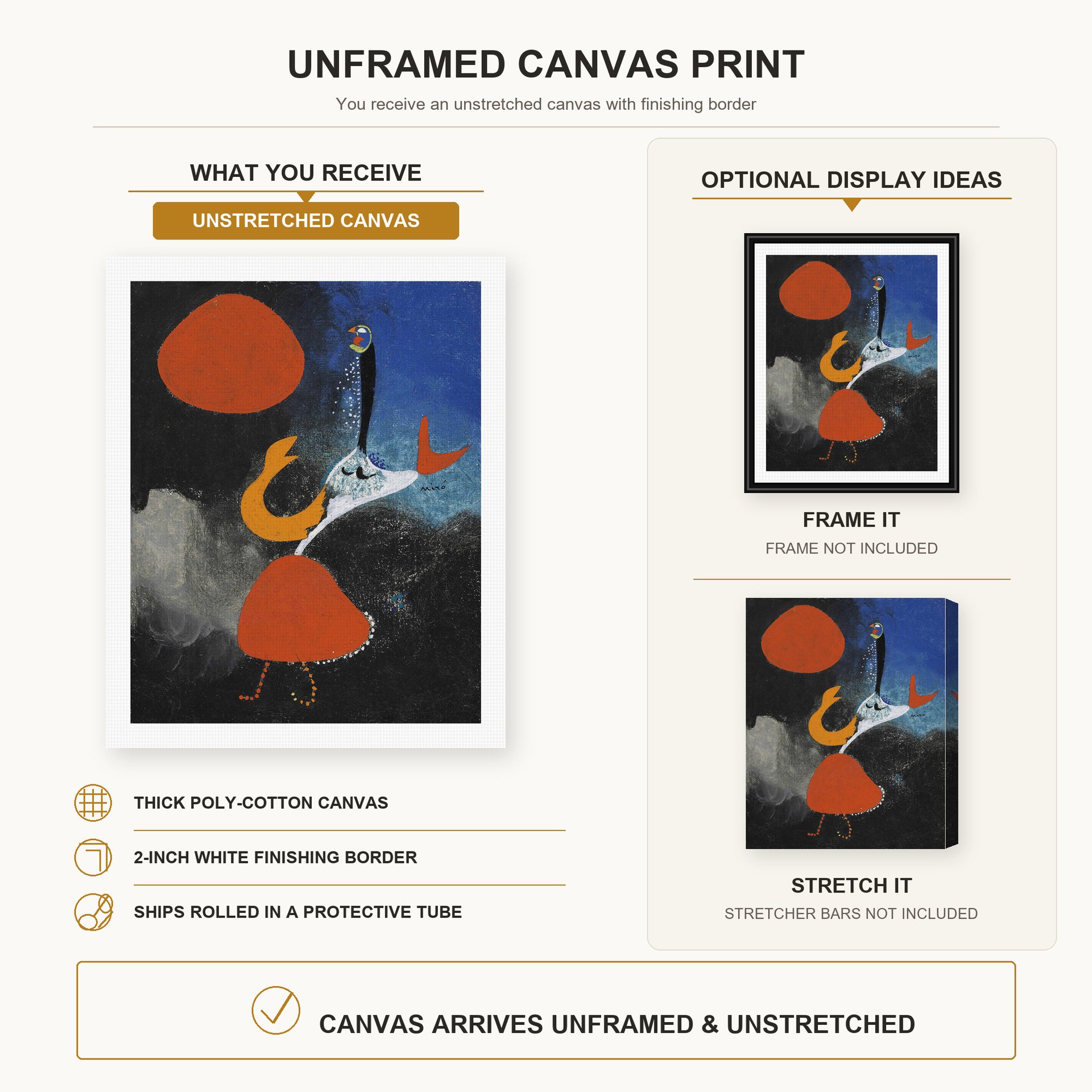 Joan Miró - Woman in Front of the Sun canvas print size comparison and framing display infographic