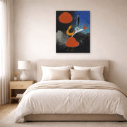 Gallery-wrapped canvas print of Joan Miró's 'Woman in Front of the Sun' displayed on a wall in a bedroom