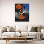 Gallery-wrapped canvas print of Joan Miró's 'Woman in Front of the Sun' displayed on a wall in a living room