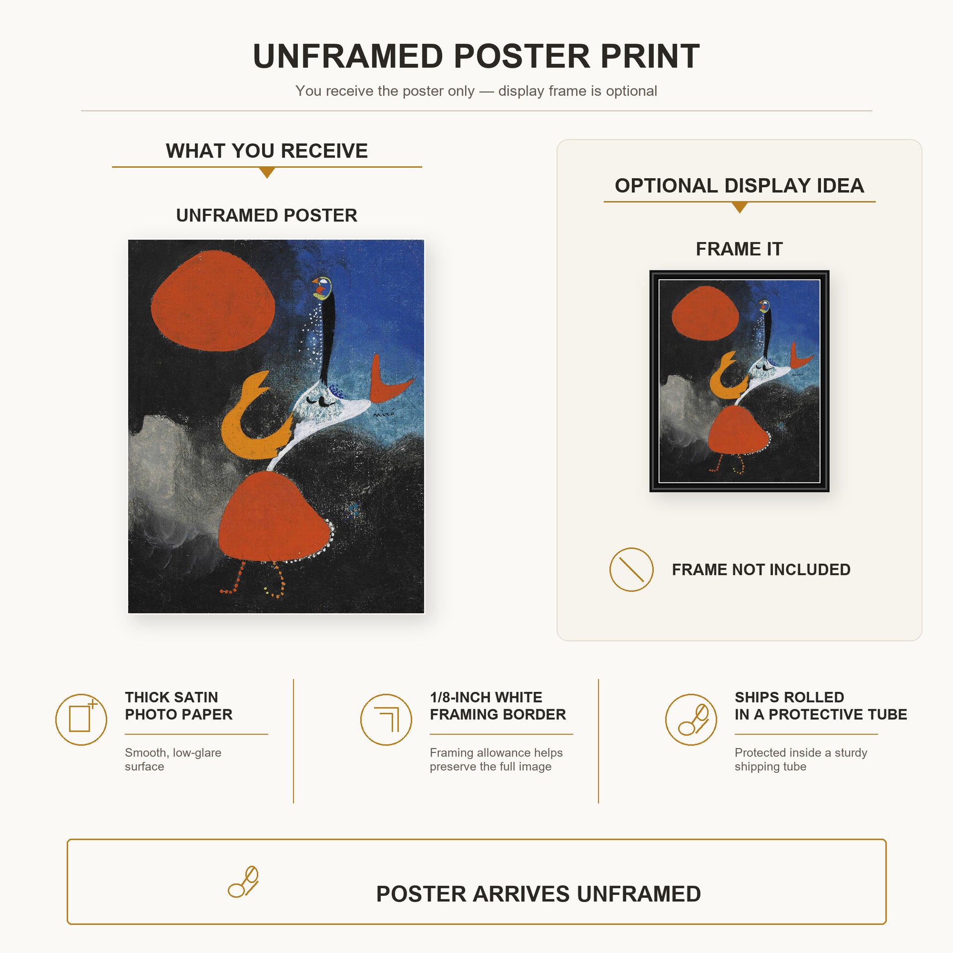 Joan Miró - Woman in Front of the Sun poster print size comparison and framing display infographic