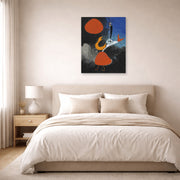 Unframed poster print of Joan Miró's 'Woman in Front of the Sun' displayed on a wall in a bedroom