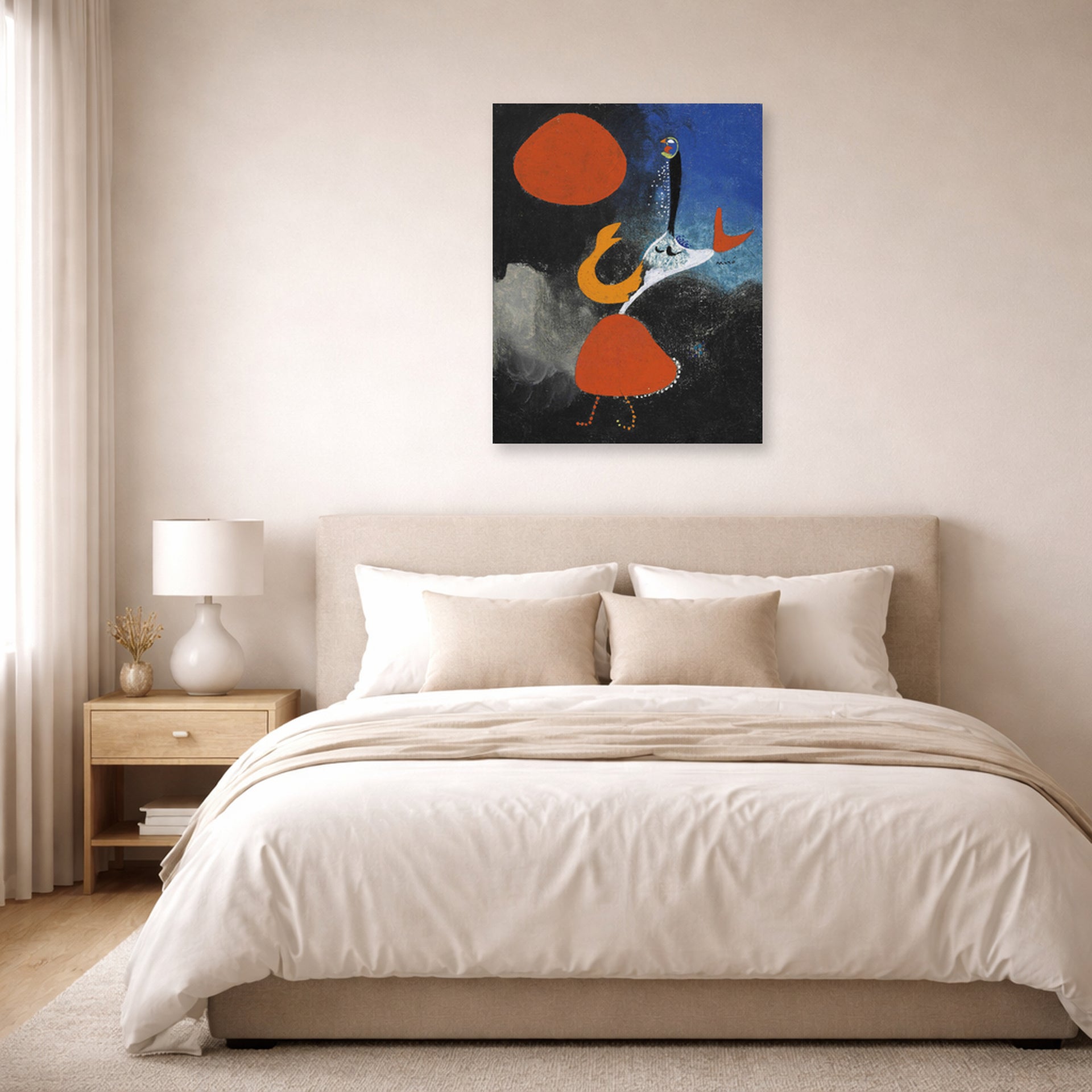 Unframed poster print of Joan Miró's 'Woman in Front of the Sun' displayed on a wall in a bedroom