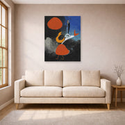 Unframed poster print of Joan Miró's 'Woman in Front of the Sun' displayed on a wall in a living room