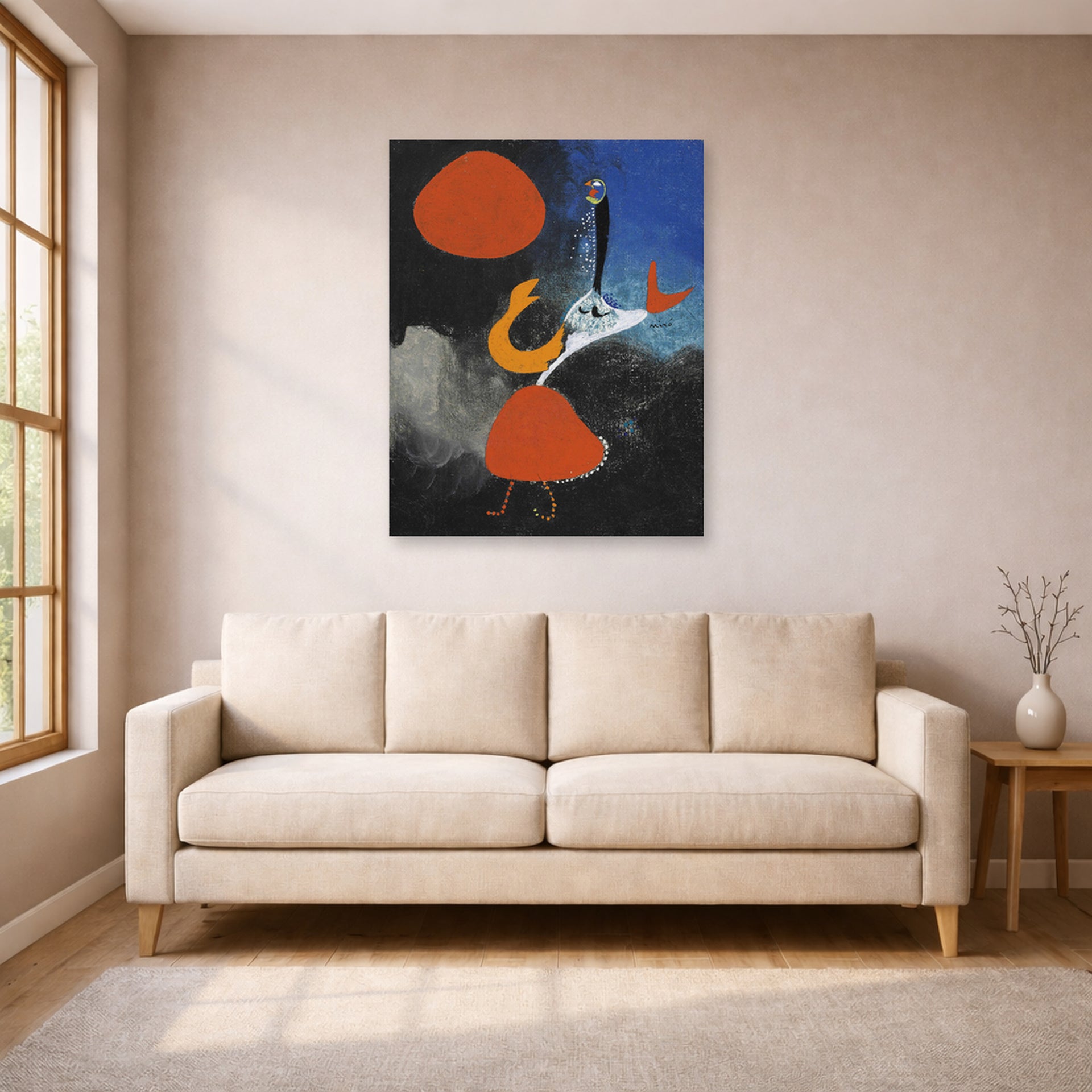 Unframed poster print of Joan Miró's 'Woman in Front of the Sun' displayed on a wall in a living room