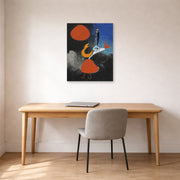 Unframed poster print of Joan Miró's 'Woman in Front of the Sun' displayed on a wall in a office