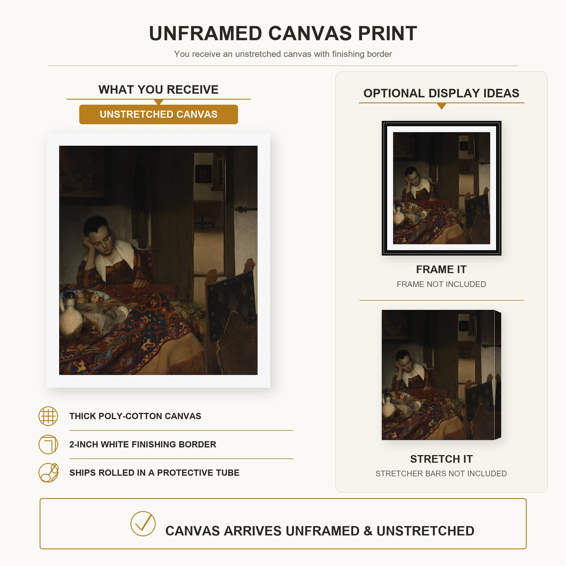 Johannes Vermeer - A Maid Sleep canvas print size comparison and framing display infographic
