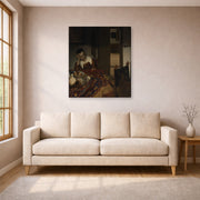 Gallery-wrapped canvas print of Johannes Vermeer's A Maid Sleep displayed on a wall in a living room