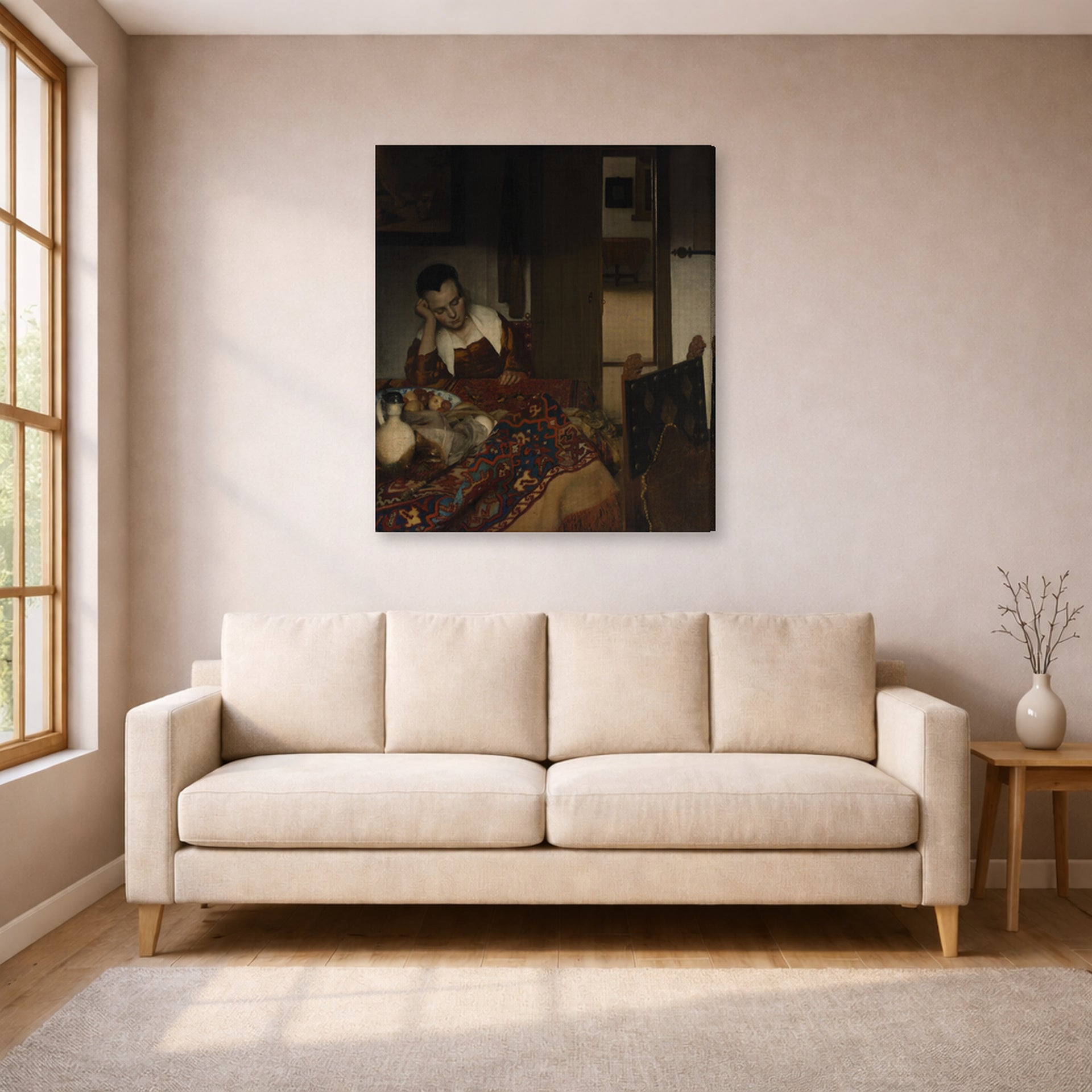 Gallery-wrapped canvas print of Johannes Vermeer's A Maid Sleep displayed on a wall in a living room