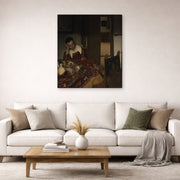 Gallery-wrapped canvas print of Johannes Vermeer's A Maid Sleep displayed on a wall in a living room