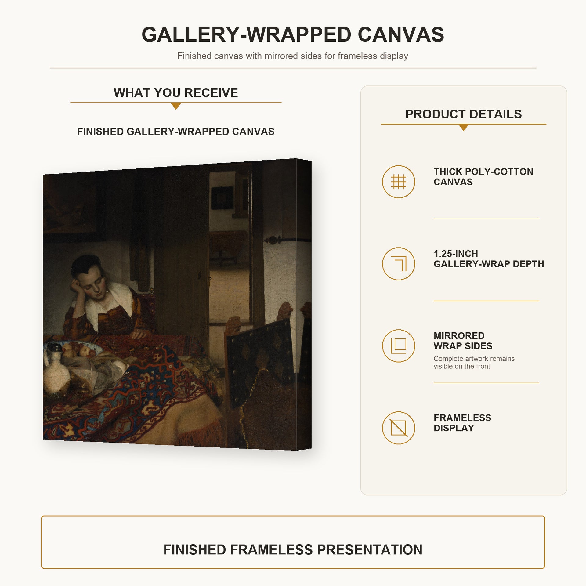Johannes Vermeer - A Maid Sleep gallery wrap canvas construction and hanging details infographic