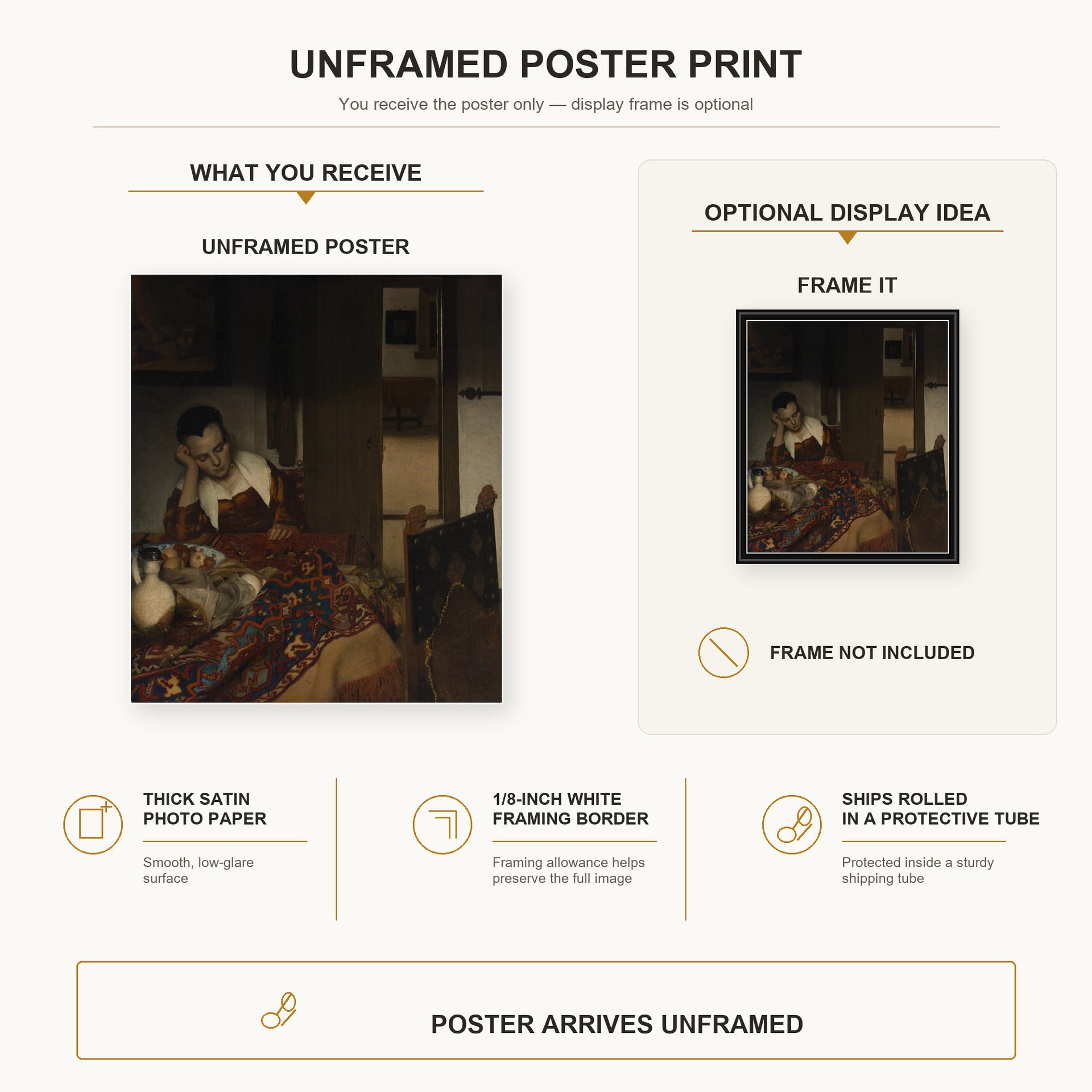 Johannes Vermeer - A Maid Sleep poster print size comparison and framing display infographic