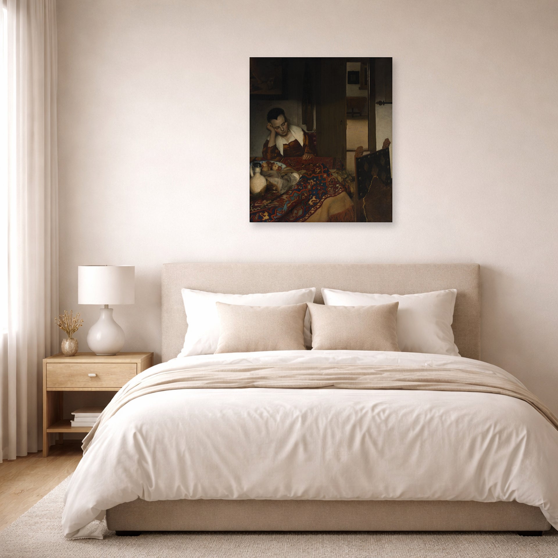 Unframed poster print of Johannes Vermeer's A Maid Sleep displayed on a wall in a bedroom