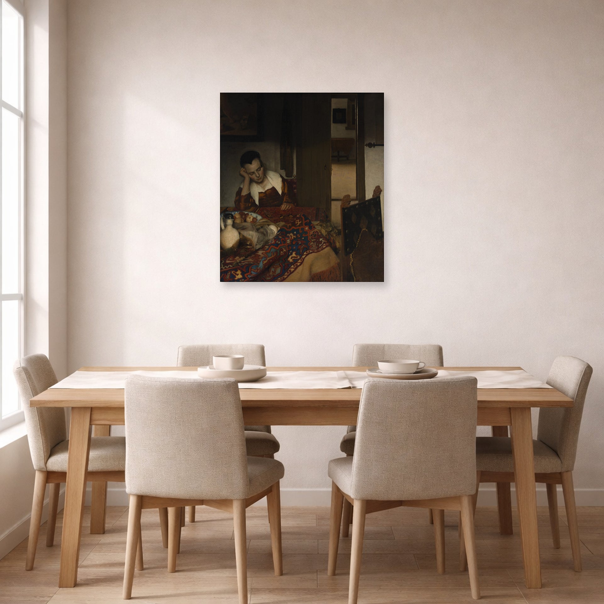 Unframed poster print of Johannes Vermeer's A Maid Sleep displayed on a wall in a dining room