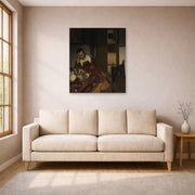 Unframed poster print of Johannes Vermeer's A Maid Sleep displayed on a wall in a living room