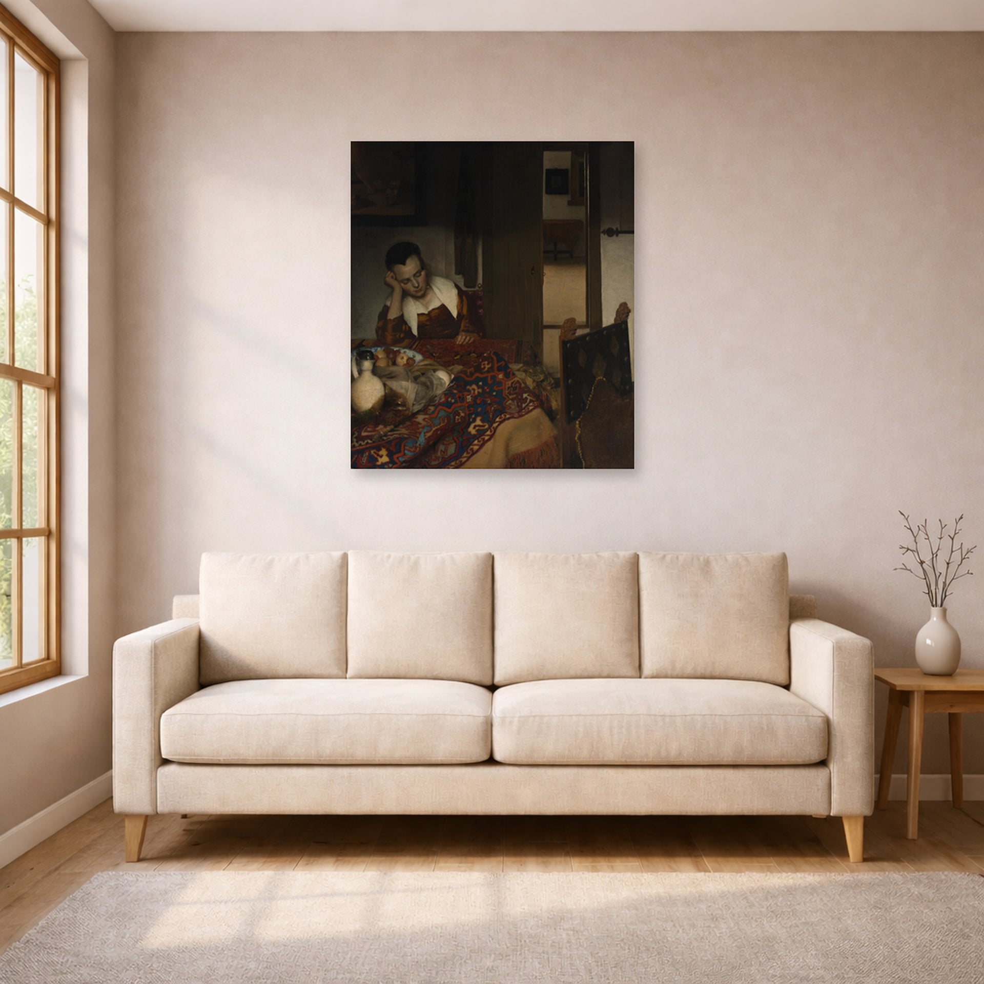 Unframed poster print of Johannes Vermeer's A Maid Sleep displayed on a wall in a living room
