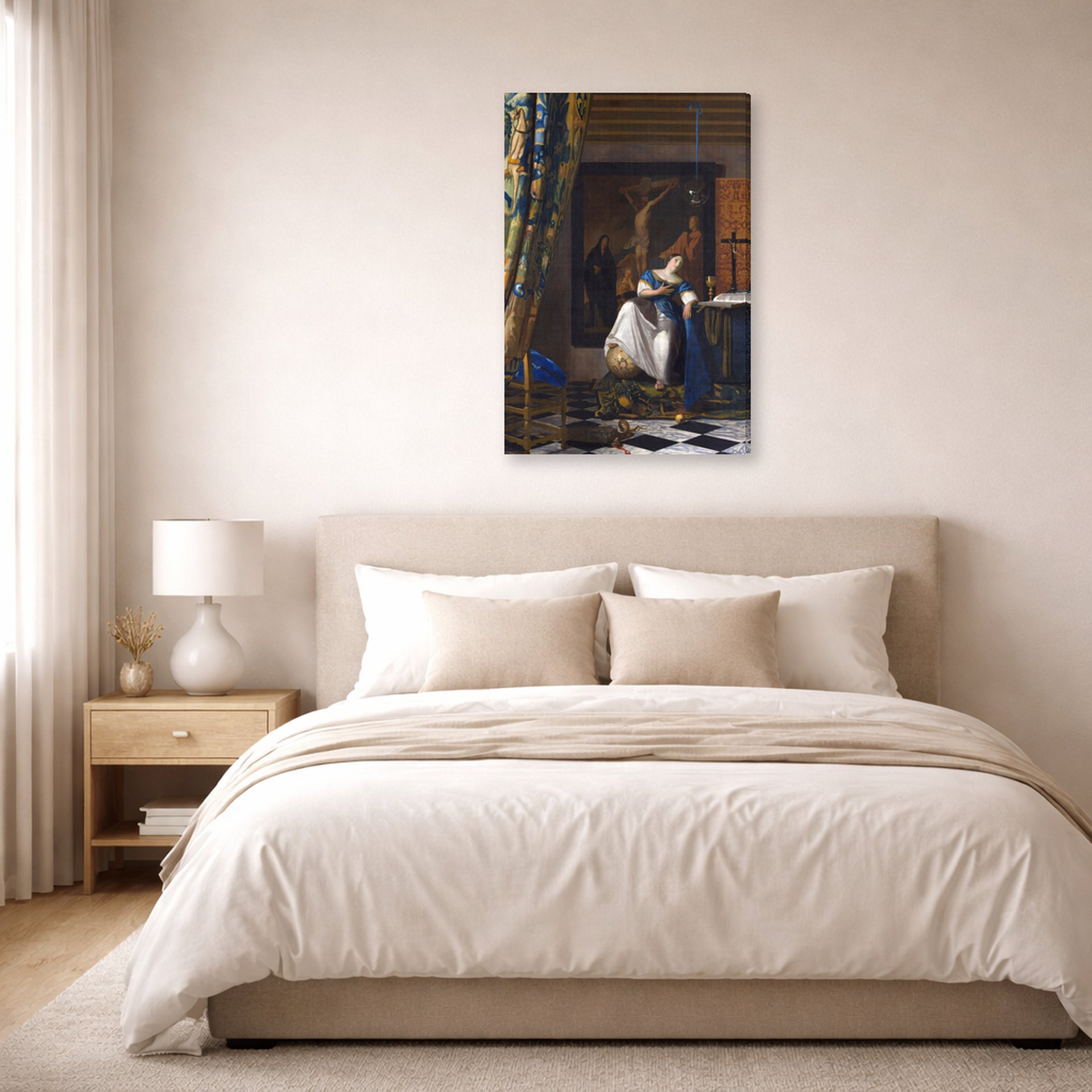 Gallery-wrapped canvas print of Johannes Vermeer's Allegory of the Catholic Faith displayed on a wall in a bedroom