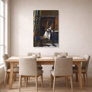 Gallery-wrapped canvas print of Johannes Vermeer's Allegory of the Catholic Faith displayed on a wall in a dining room