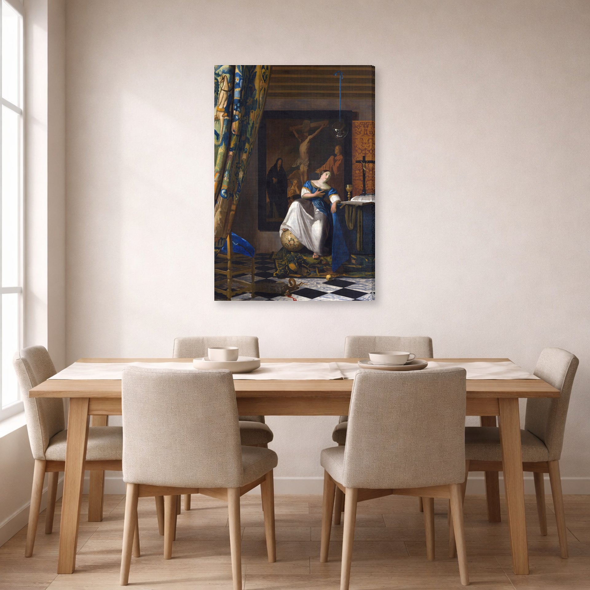 Gallery-wrapped canvas print of Johannes Vermeer's Allegory of the Catholic Faith displayed on a wall in a dining room