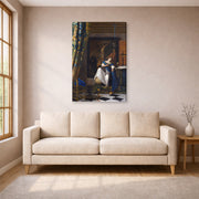 Gallery-wrapped canvas print of Johannes Vermeer's Allegory of the Catholic Faith displayed on a wall in a living room