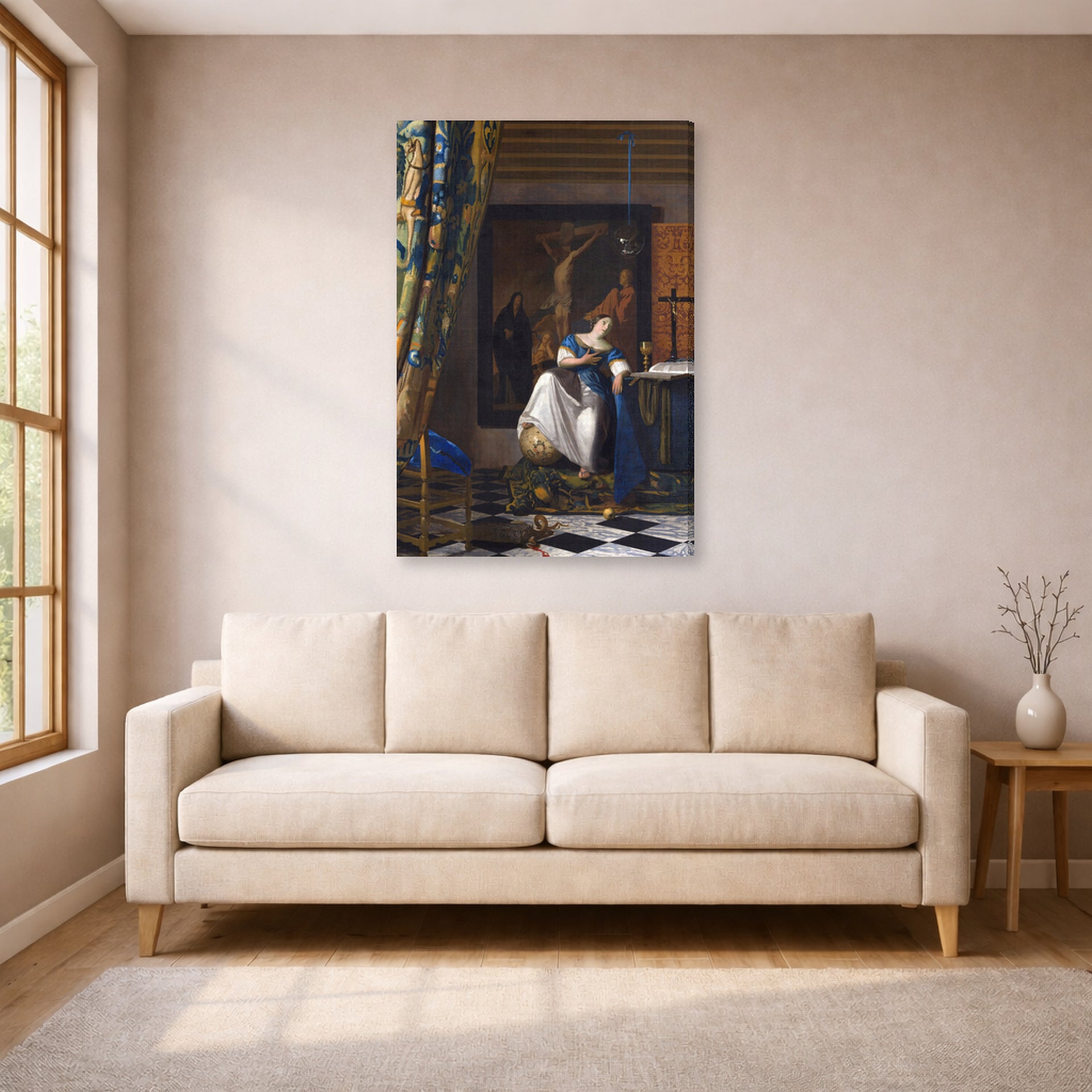 Gallery-wrapped canvas print of Johannes Vermeer's Allegory of the Catholic Faith displayed on a wall in a living room