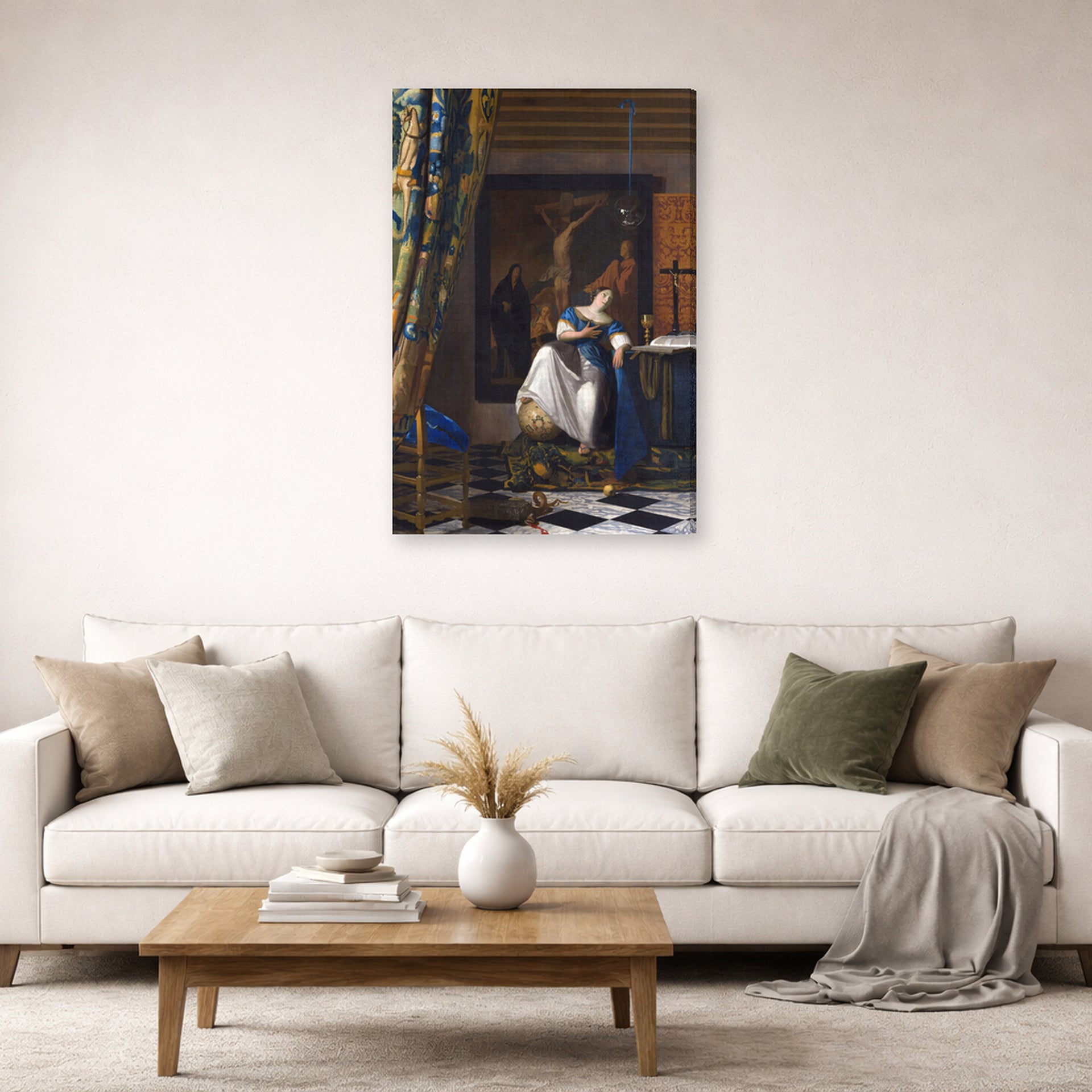 Gallery-wrapped canvas print of Johannes Vermeer's Allegory of the Catholic Faith displayed on a wall in a living room