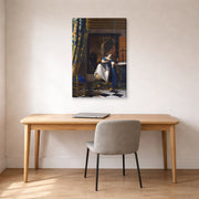 Gallery-wrapped canvas print of Johannes Vermeer's Allegory of the Catholic Faith displayed on a wall in a office