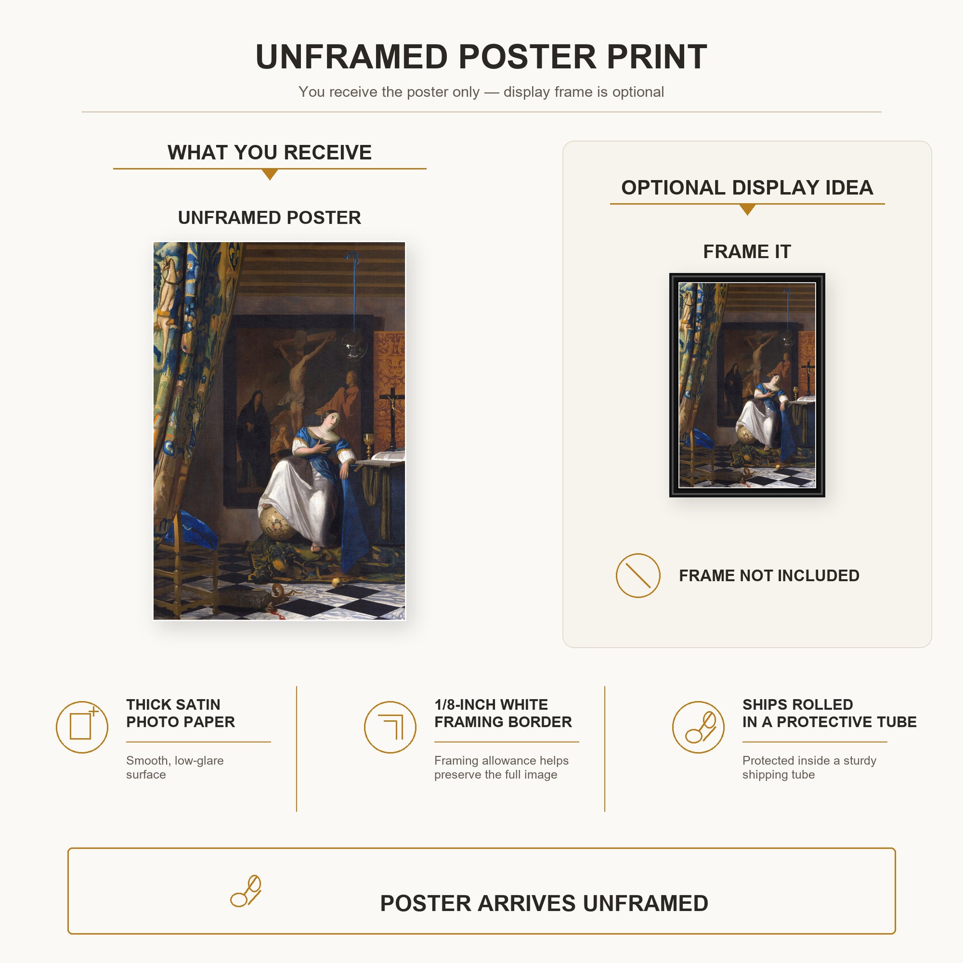 Johannes Vermeer - Allegory of the Catholic Faith poster print size comparison and framing display infographic