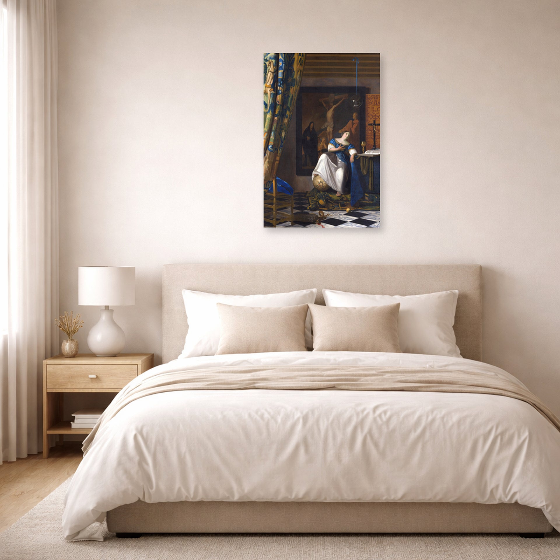 Unframed poster print of Johannes Vermeer's Allegory of the Catholic Faith displayed on a wall in a bedroom