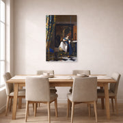Unframed poster print of Johannes Vermeer's Allegory of the Catholic Faith displayed on a wall in a dining room