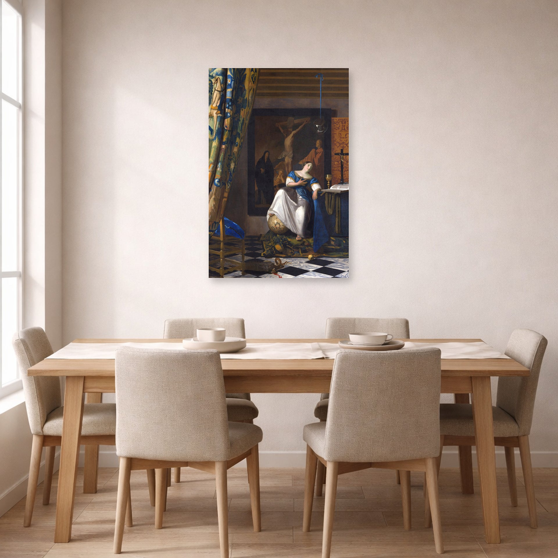 Unframed poster print of Johannes Vermeer's Allegory of the Catholic Faith displayed on a wall in a dining room