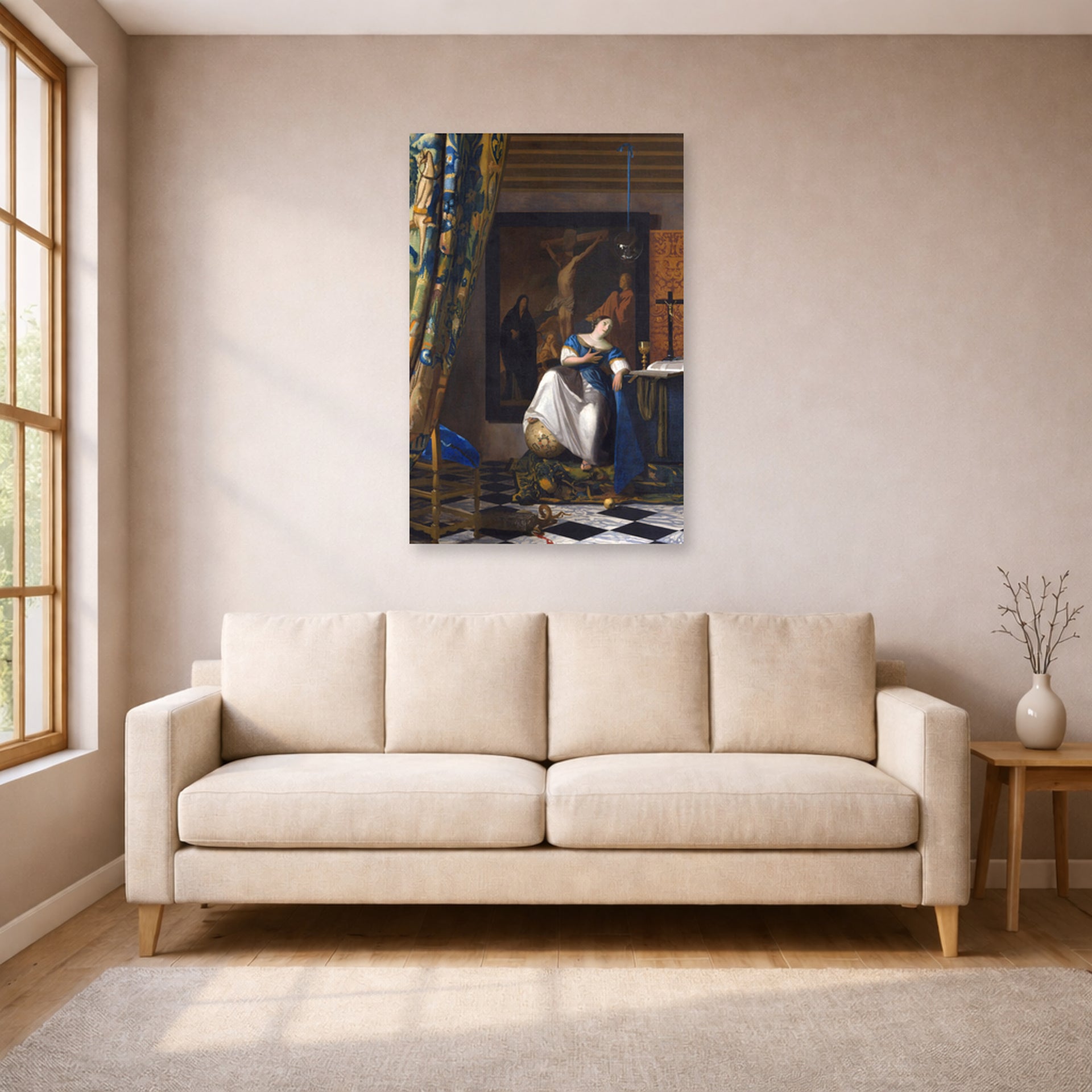 Unframed poster print of Johannes Vermeer's Allegory of the Catholic Faith displayed on a wall in a living room