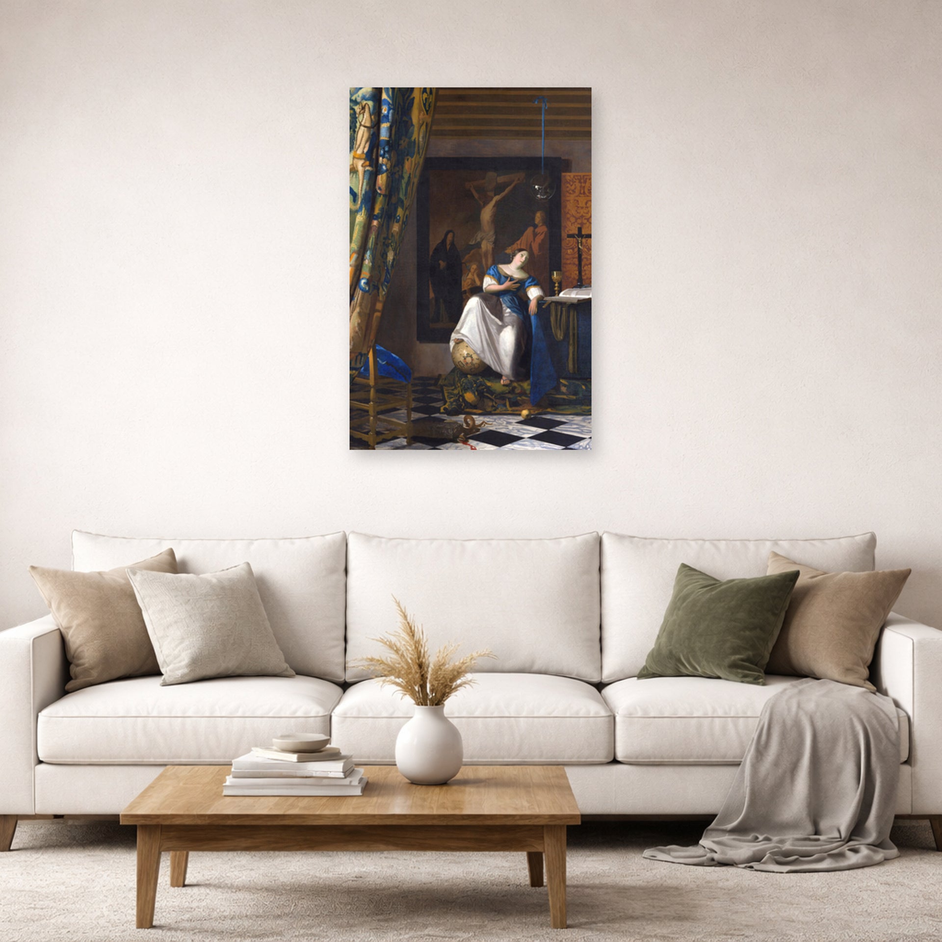 Unframed poster print of Johannes Vermeer's Allegory of the Catholic Faith displayed on a wall in a living room