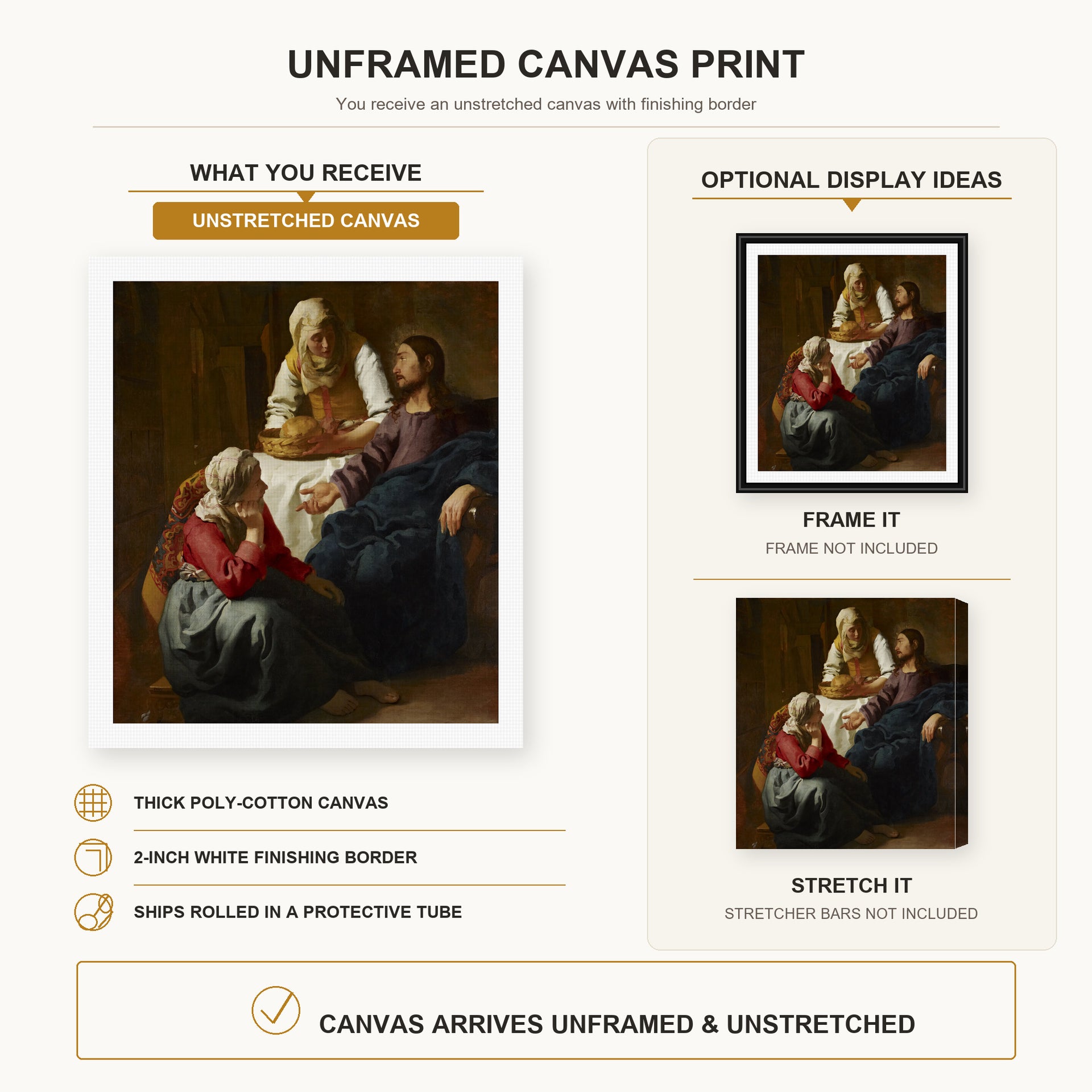 Johannes Vermeer - Christ in the House of Martha and Mary canvas print size comparison and framing display infographic