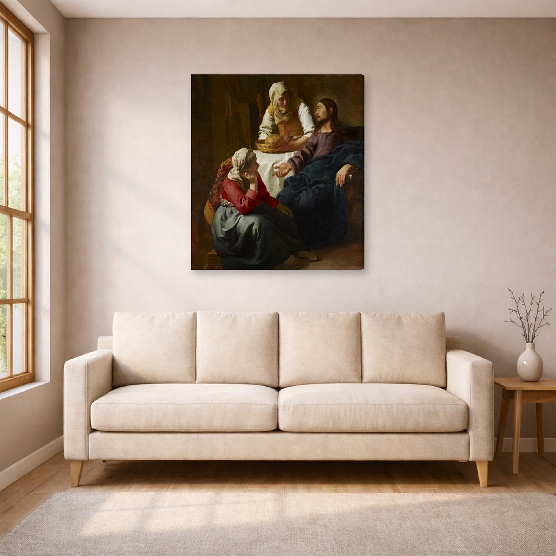 Gallery-wrapped canvas print of Johannes Vermeer's Christ in the House of Martha and Mary displayed on a wall in a living room