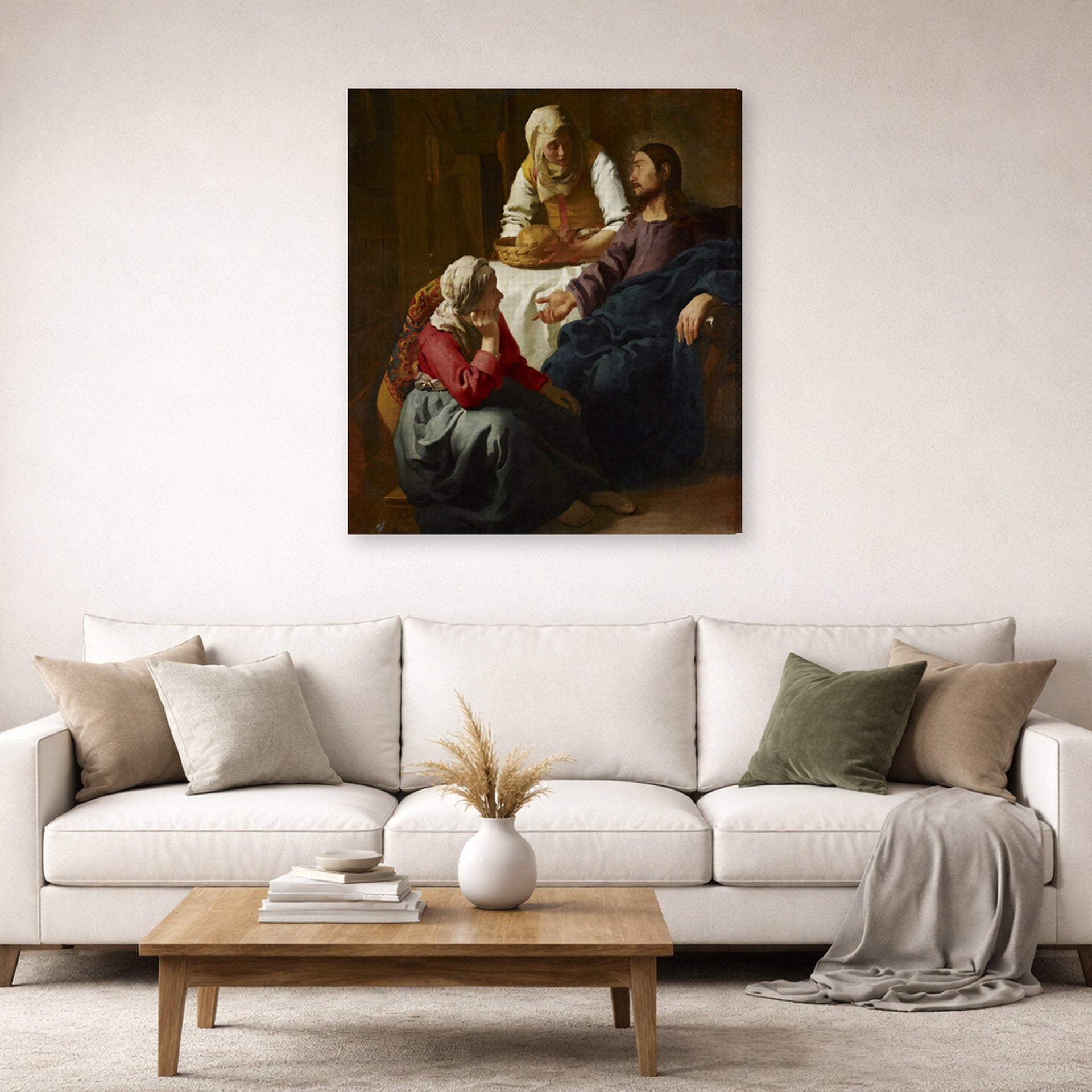 Gallery-wrapped canvas print of Johannes Vermeer's Christ in the House of Martha and Mary displayed on a wall in a living room