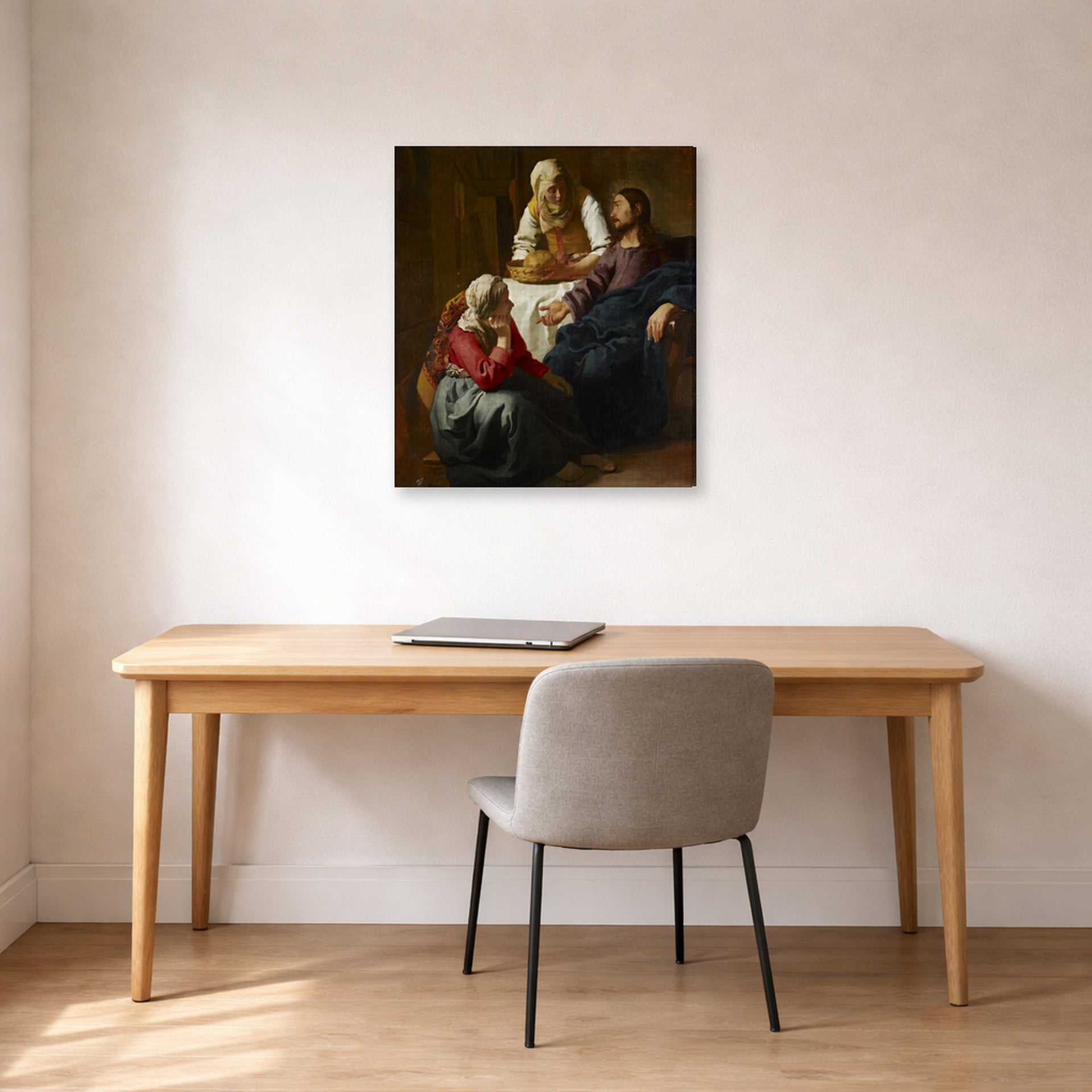 Gallery-wrapped canvas print of Johannes Vermeer's Christ in the House of Martha and Mary displayed on a wall in a office