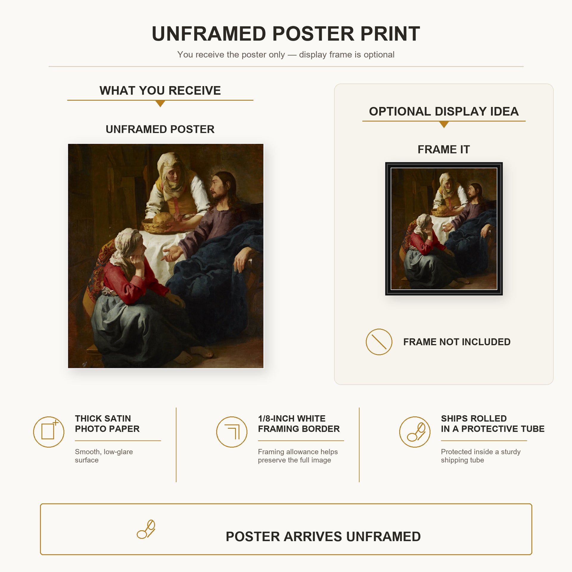 Johannes Vermeer - Christ in the House of Martha and Mary poster print size comparison and framing display infographic