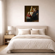 Unframed poster print of Johannes Vermeer's Christ in the House of Martha and Mary displayed on a wall in a bedroom