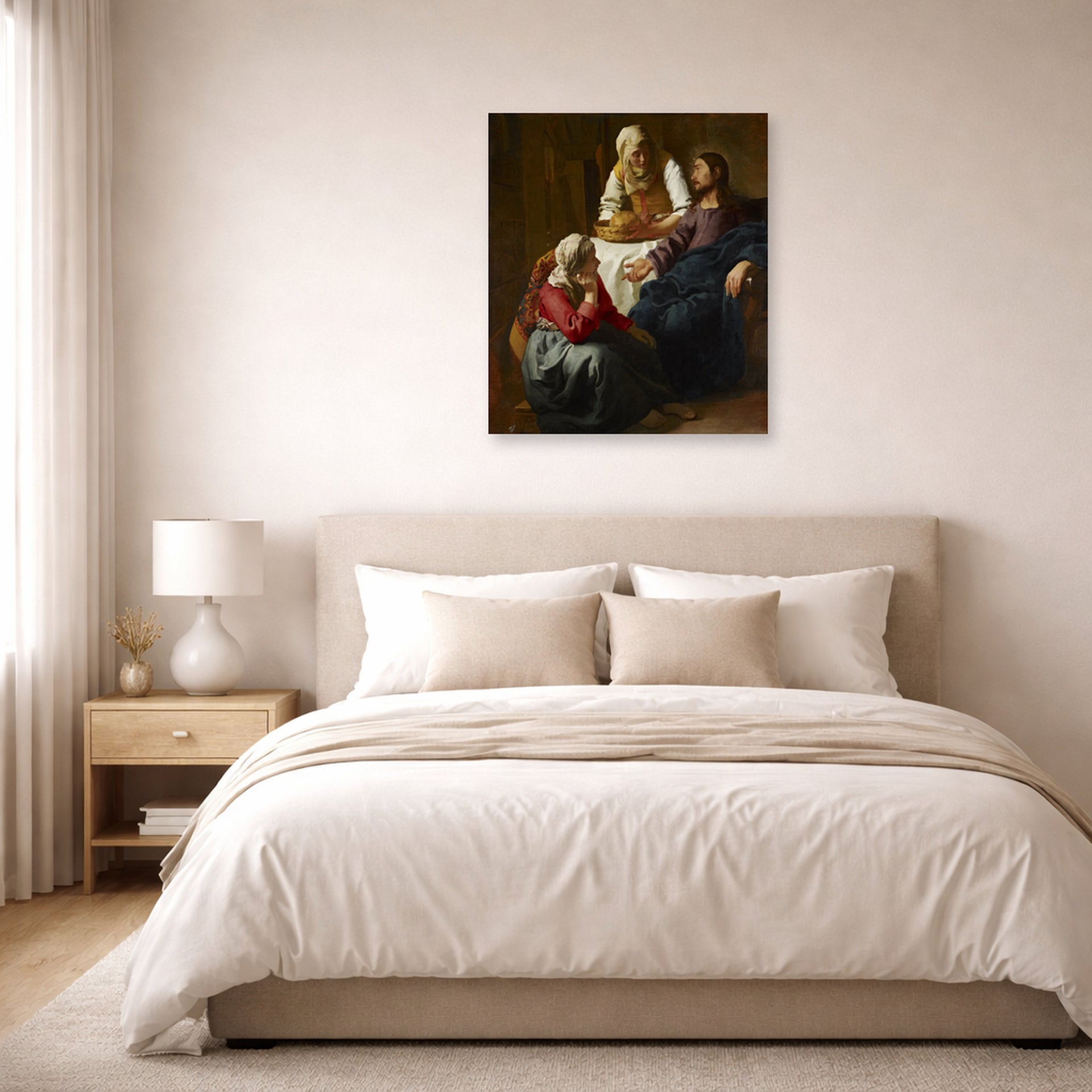 Unframed poster print of Johannes Vermeer's Christ in the House of Martha and Mary displayed on a wall in a bedroom